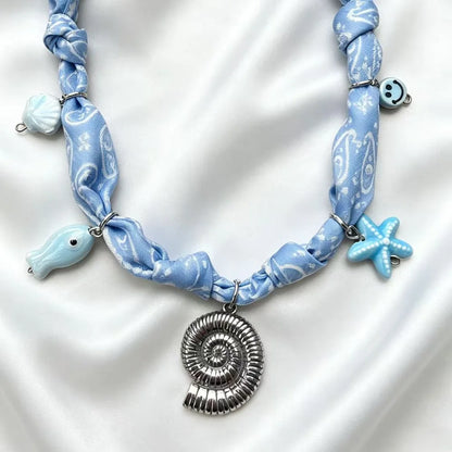 Bohemian Fabric Scarf Necklace - Sea Life, Heart & Floral Charm Pendant Vacation Jewelry Gift for Women