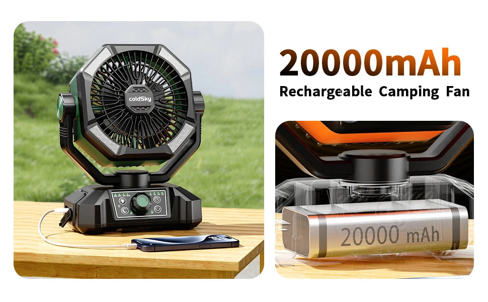 coldSky Portable Camping Fan — 4 LED Lanterns, 8 Speeds, 20000mAh Battery for Outdoor Use