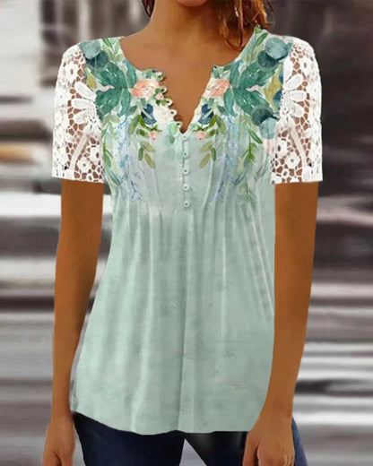 Women’s Summer Floral Lace V-Neck Blouse – Loose Fit Short Sleeve Casual Elegant Printed Fashion Shirt for Spring & Summer Wear