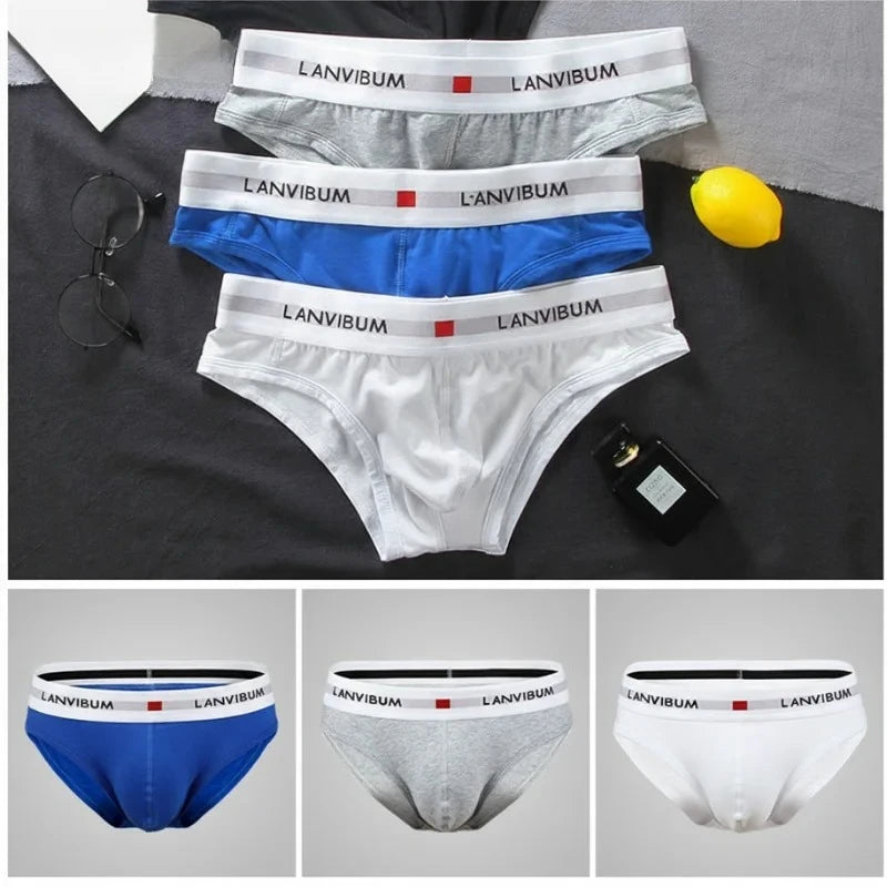 3PCS Men’s Pure Cotton Low Waist Briefs – Breathable Elastic Sexy Loose Fit Underwear for Summer Comfort Wear