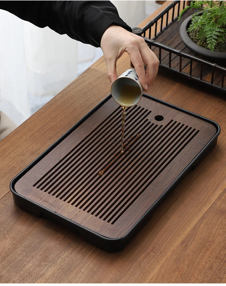 Square Bamboo Tea Tray with Drainage — Elegant Kung Fu Tea Set Tablett for Adults, Simple Chaban Tray for Tea Parties
