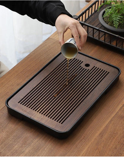 Square Bamboo Tea Tray with Drainage — Elegant Kung Fu Tea Set Tablett for Adults, Simple Chaban Tray for Tea Parties