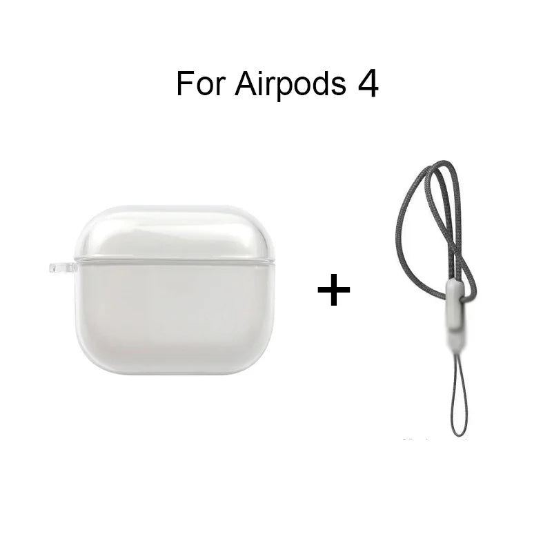 Clear Soft TPU Earphone Case for AirPods 1/2/3/4 & Pro/Pro 2 — Shockproof Cover with Lanyard Strap for AirPods 4 Charging Case