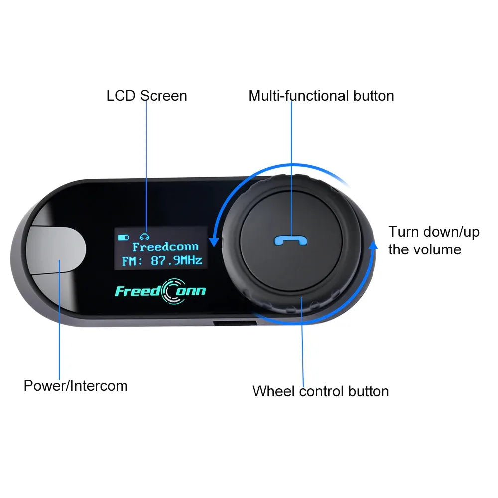 FreedConn Bluetooth Motorcycle Intercom Helmet Headset - Wireless Motorbike Interphone with LCD Screen & FM Earphone