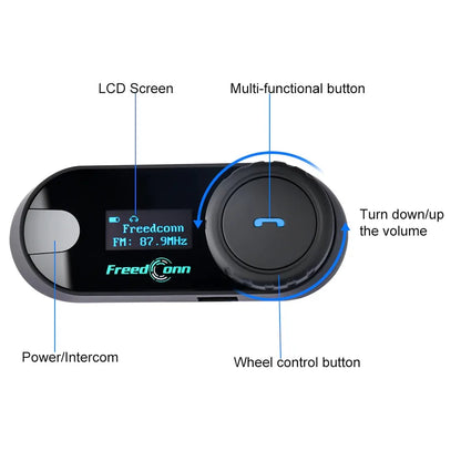 FreedConn Bluetooth Motorcycle Intercom Helmet Headset - Wireless Motorbike Interphone with LCD Screen & FM Earphone