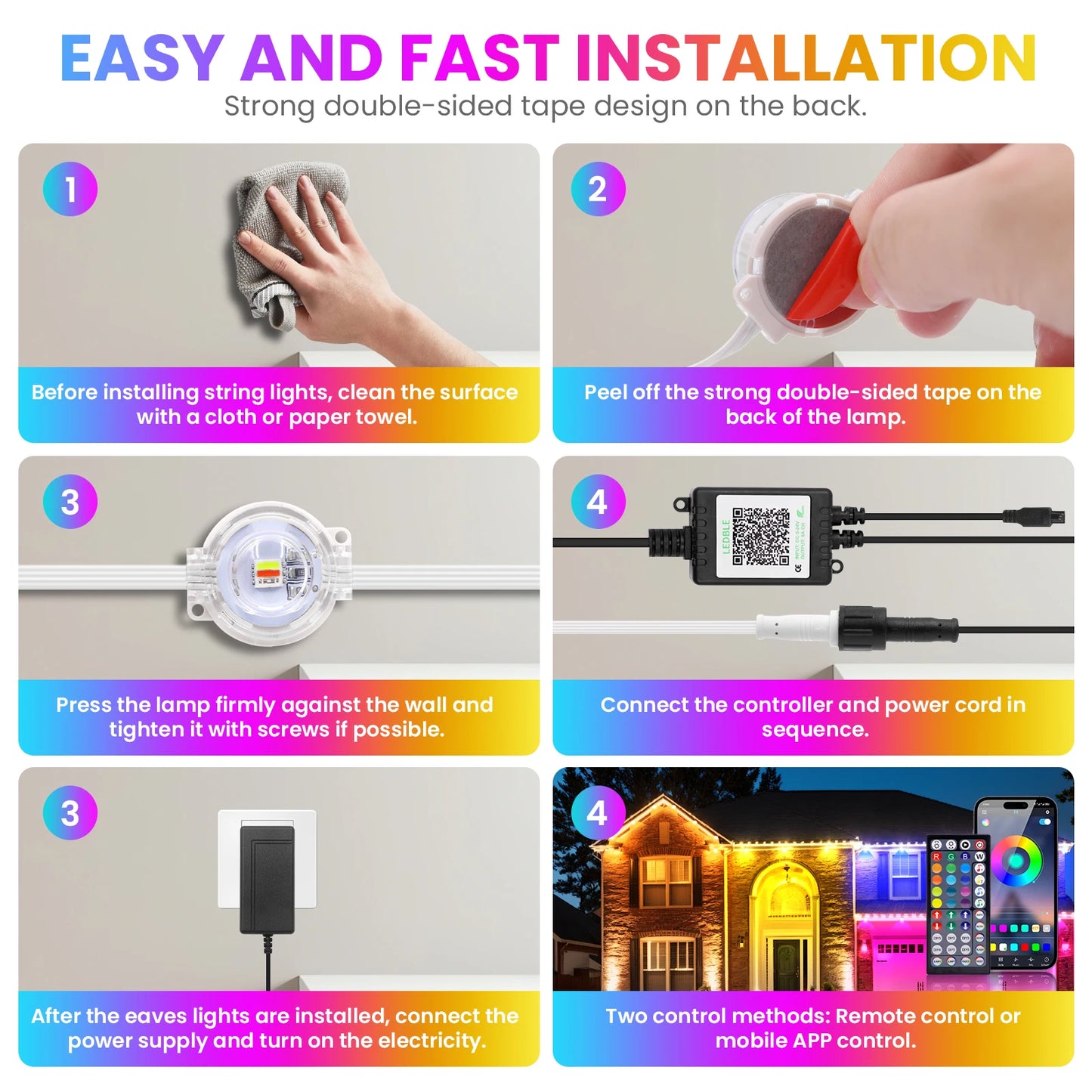 High-Brightness Outdoor Eaves LED Light – 24V Waterproof RGBCCT, Bluetooth APP Control, Christmas String Lights