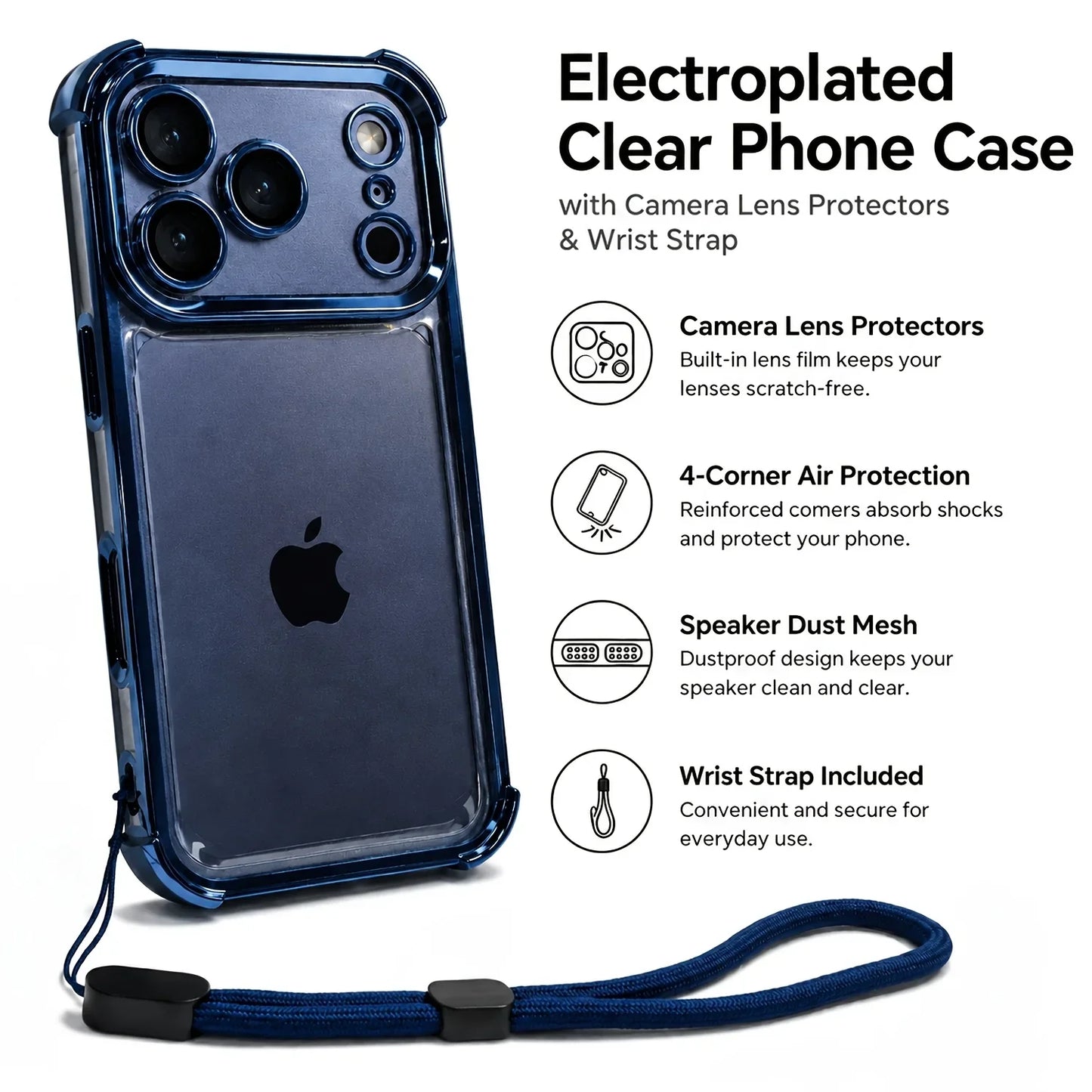 Luxury Clear Shockproof iPhone Case - Wrist Strap, Lens Protector & Protective Cover
