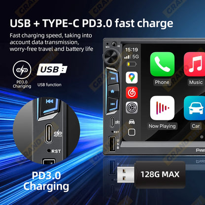 2DIN 7" Car Stereo - Wireless CarPlay & Android Auto Touchscreen MP5 Player with Bluetooth, FM Radio & PD3.0 Fast Charging