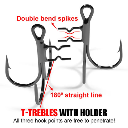 Rosewood Treble Fishing Hook with Holder - Extra Sharp Barbed Triple Hooks for Soft Swimbaits & Rubber Baits