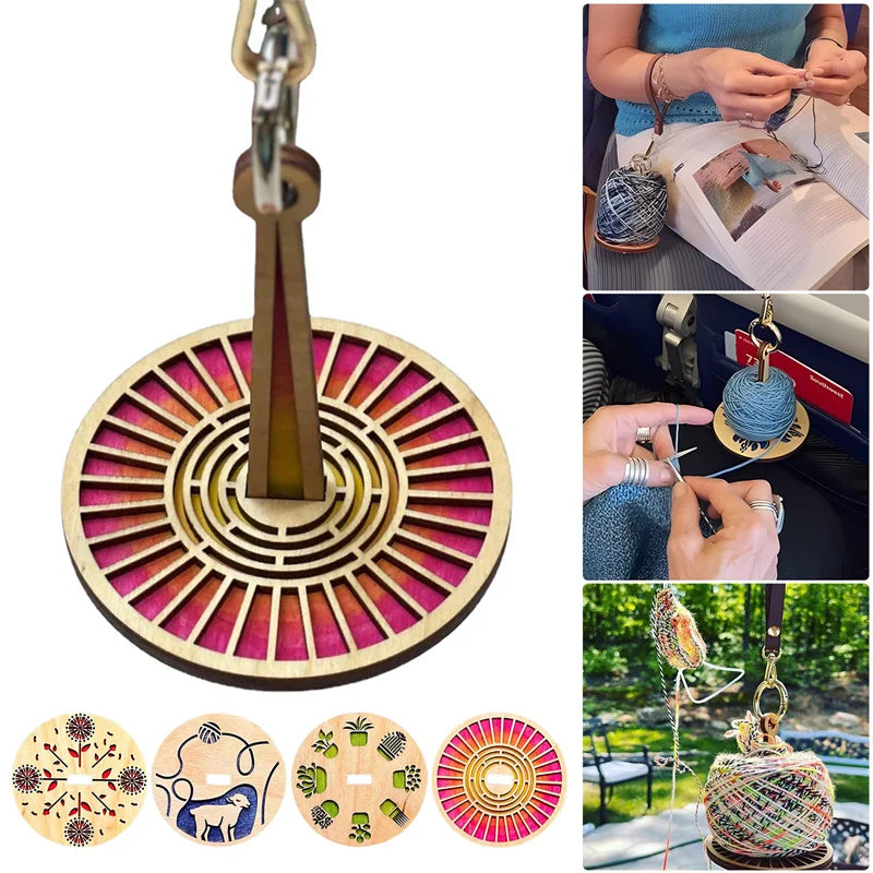 Wooden Yarn Holder Stand with Wrist Strap - Spinning Knitting Tools, Crochet Accessories, Sewing Thread Spool Organizer, Wool Ball Winder