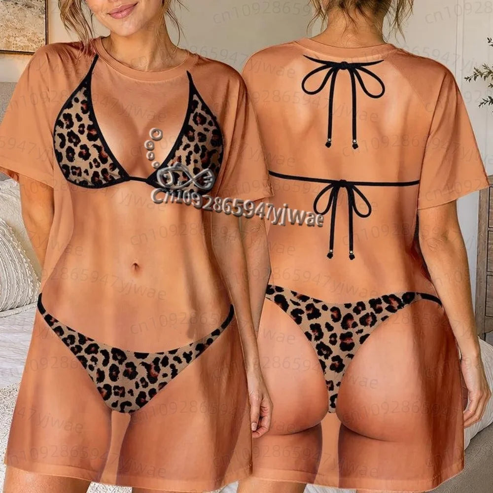 Women's 3D Bikini Print T-Shirt Dress - Casual Short Sleeve Summer Sleep & Home Dress