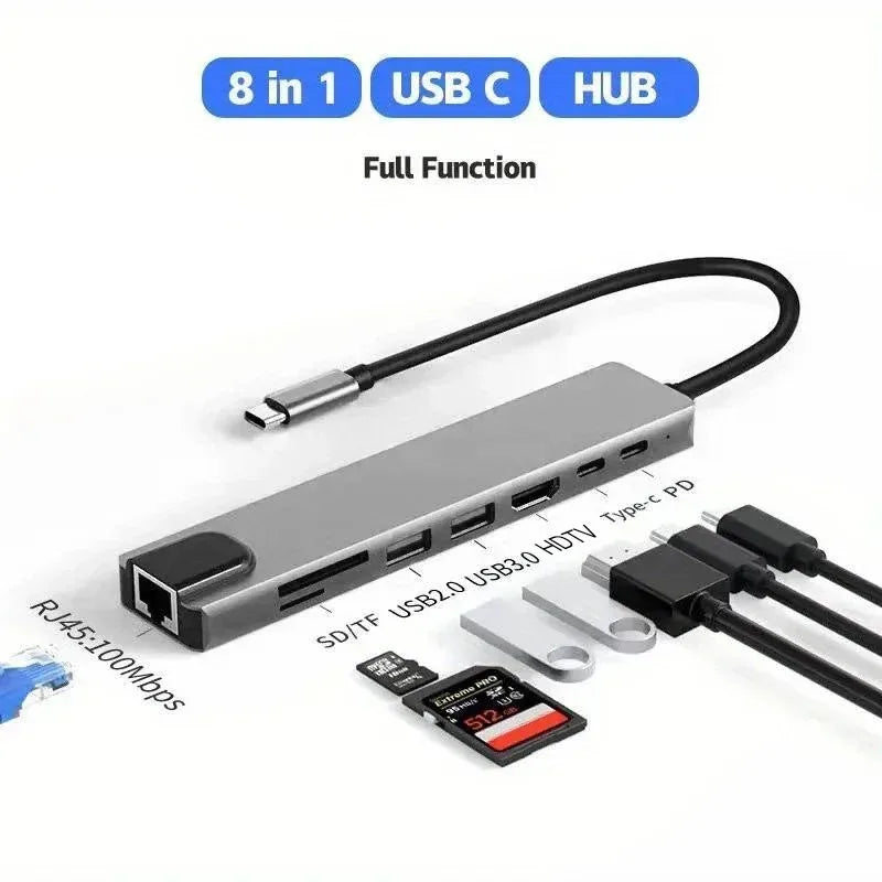 8-in-1 USB-C Hub – Type-C 3.1 to 4K HDMI Adapter with RJ45, SD/TF Card Reader & PD Fast Charging for MacBook & Laptops