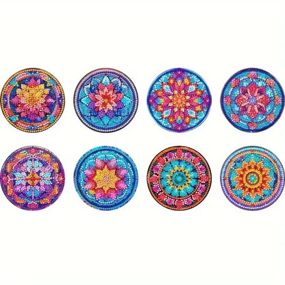 8-Piece DIY Diamond Painted Coasters Set – Mandala Pattern with Complimentary Cup Holder