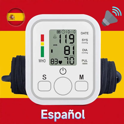 Spanish Voice Digital Arm Blood Pressure Meter – Medical Tonometer, Tensiometer, Sphygmomanometer with Pulse Measurement
