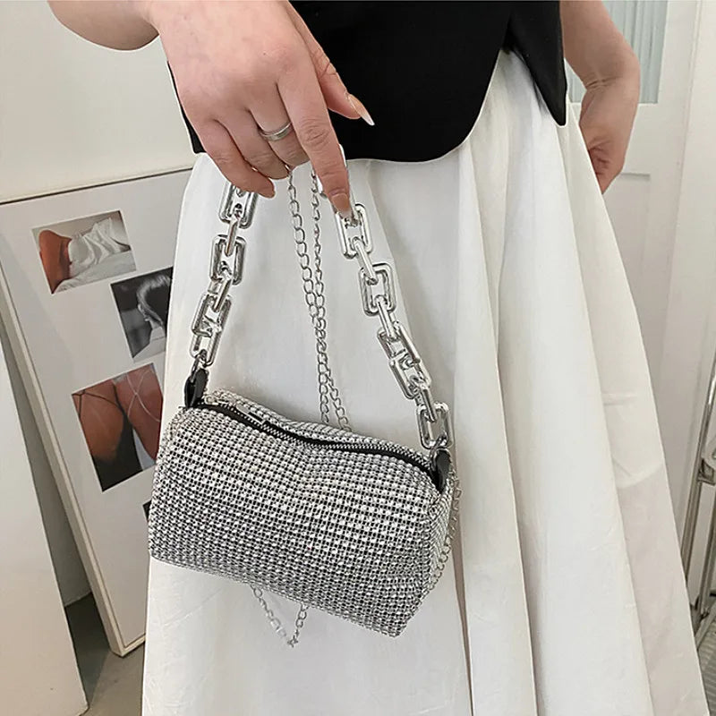 Allover Rhinestone Bucket Bag – Glitter Chain Prom Purse, Women's Mini Crossbody Bag (6.3 x 3.54 Inches)