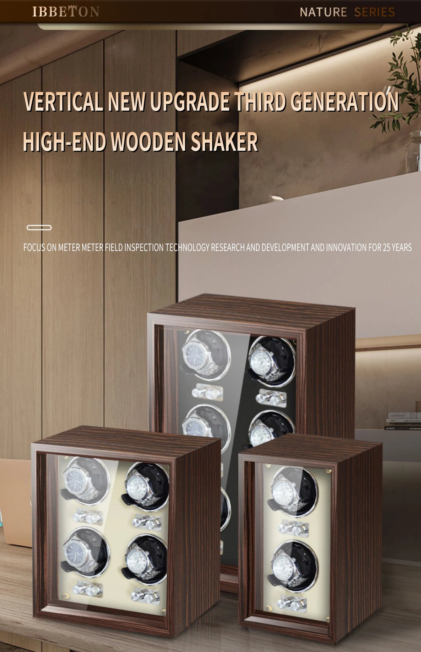 IBBETON Luxury Wood Watch Winder – High-End Automatic Watch Box (2/4/6 Slots) with Mabuchi Mute Motor & Storage Cabinet
