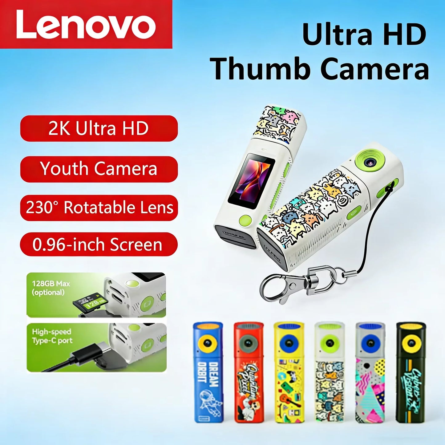 Lenovo G10 Mini Thumb Camera - 2K HD Wide-Angle Student Action Camera in Dopamine Colorway