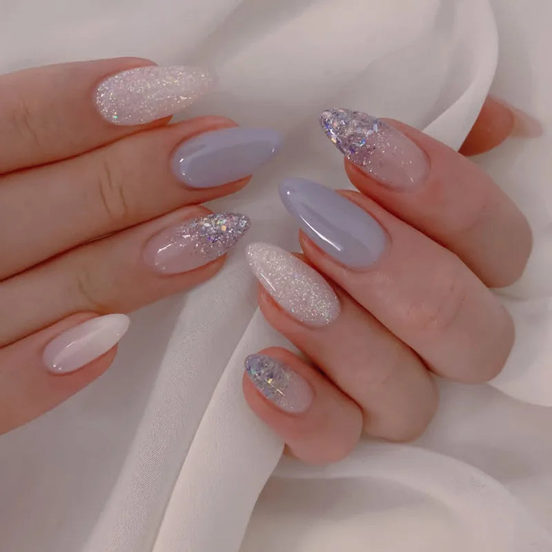 24Pcs French Press On Nails - Almond Fake Nail Tips with Glue, White Edge Design & Pink Stiletto Style Manicure Set