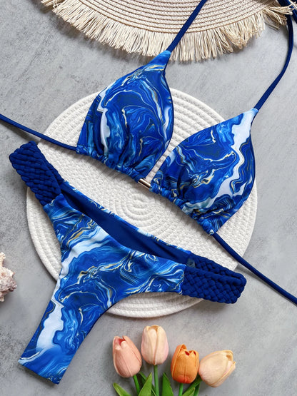 RUOTONSEPT Women’s Print Halter Bikini Set - High Cut Mini Thong Two-Piece Swimsuit Beach Swimwear
