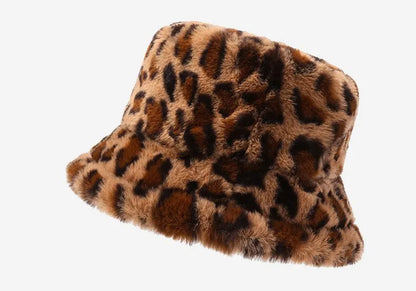 Women’s Winter Leopard Print Fisherman Hat – Versatile Plush Bucket Hat, Warm Pot-Style Headwear
