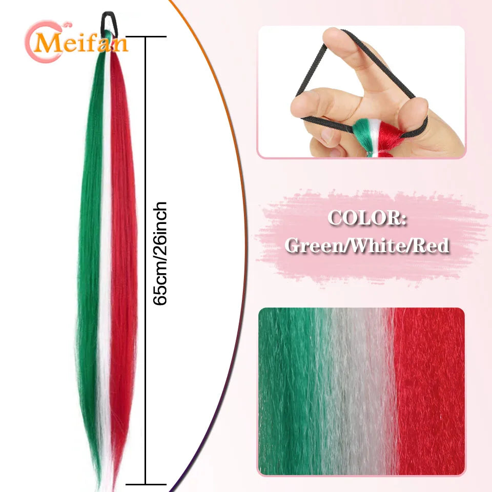 MEIFAN Synthetic Color Braid Ponytail Extension – Red, Green, Blue, Pink, Straight Hair Wrap Around with Elastic Tie