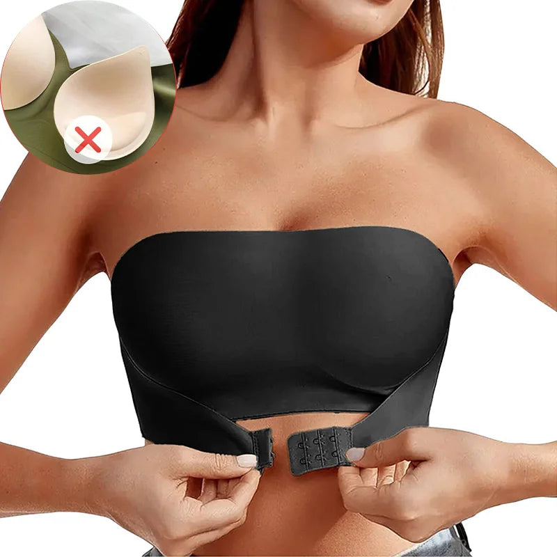 Women’s Strapless Push-Up Bra – Removable Padded Seamless Ice Silk Top, Invisible Anti-Slip Off-Shoulder Bra