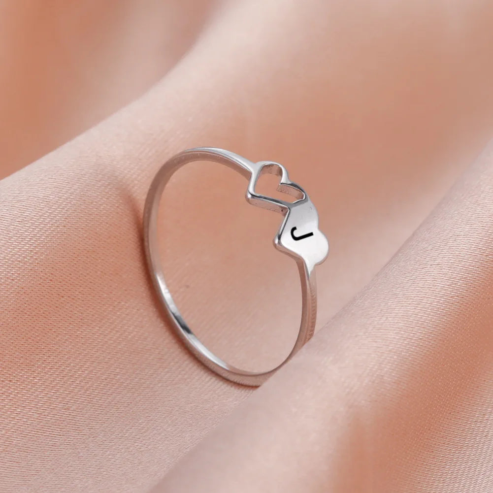 HIPEE Stainless Steel Letter Ring - A-Z Alphabet Double Heart Hollow Charm Ring for Women Wedding Jewelry Gift