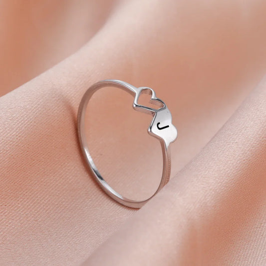 HIPEE Stainless Steel Letter Ring - A-Z Alphabet Double Heart Hollow Charm Ring for Women Wedding Jewelry Gift