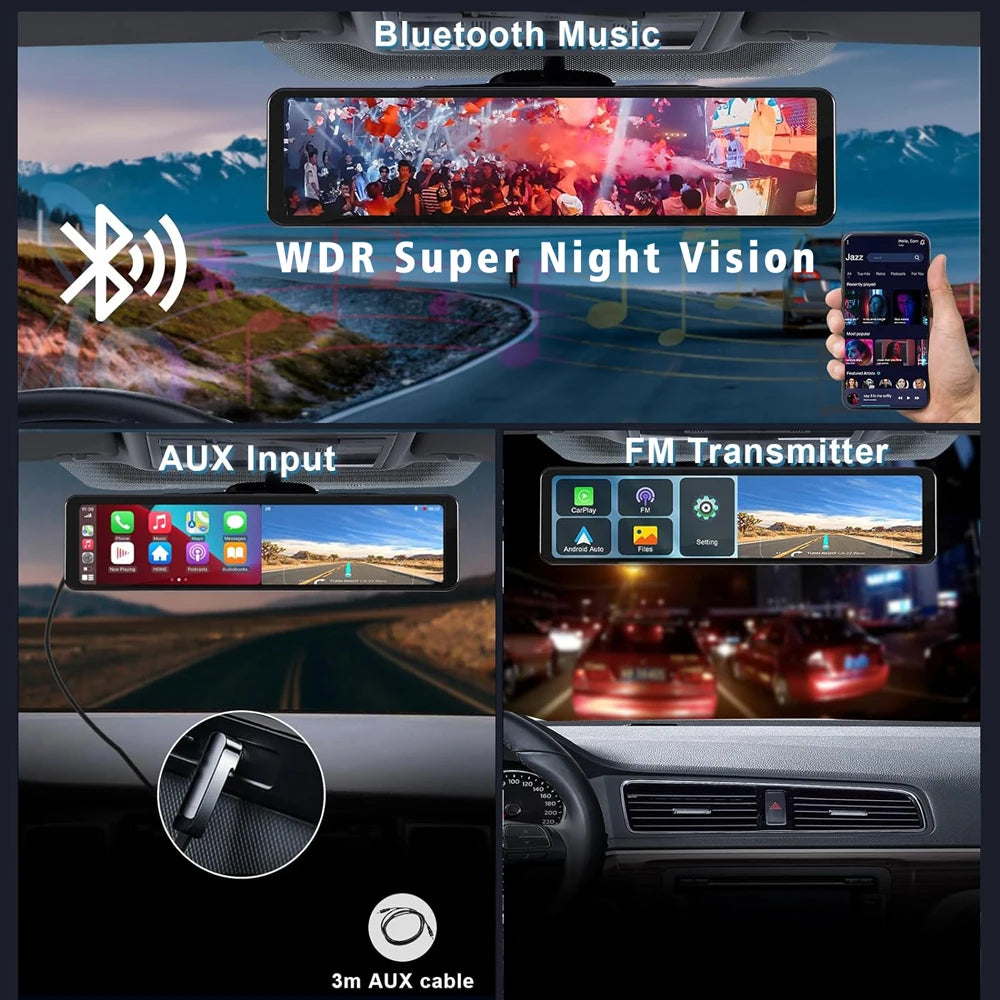11.26" 4K 2160P Car DVR Dash Cam – CarPlay, Android Auto, GPS, WiFi, Bluetooth, FM, Rear View Mirror Camera & Drive Recorder