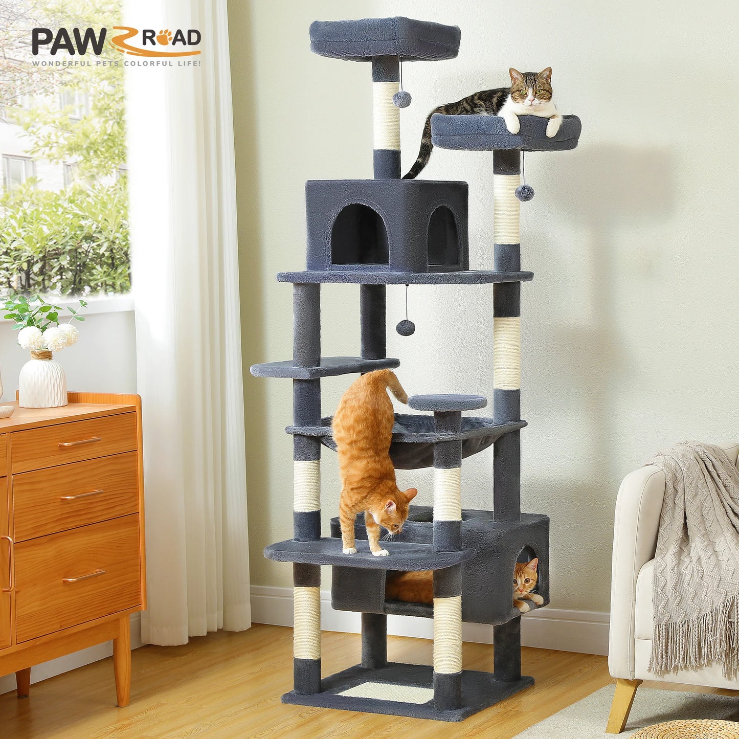 Large Indoor Cat Tree Tower with Sisal Scratching Posts, Hammock, Padded Perches & Condos – Cat Toys and Activity Center