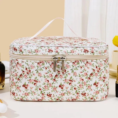 Cotton Floral Cosmetic Pouch – Dual Zipper Makeup Organizer, Portable Travel Storage & Wash Bag