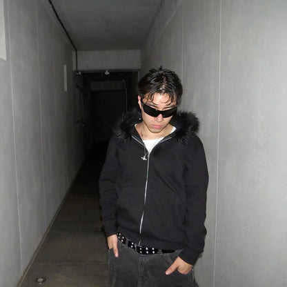 Casual Y2K Zip-Up Hoodie – Faux Fur Collar Harajuku Streetwear Rock Goth Punk EMO Sweatshirt Jacket