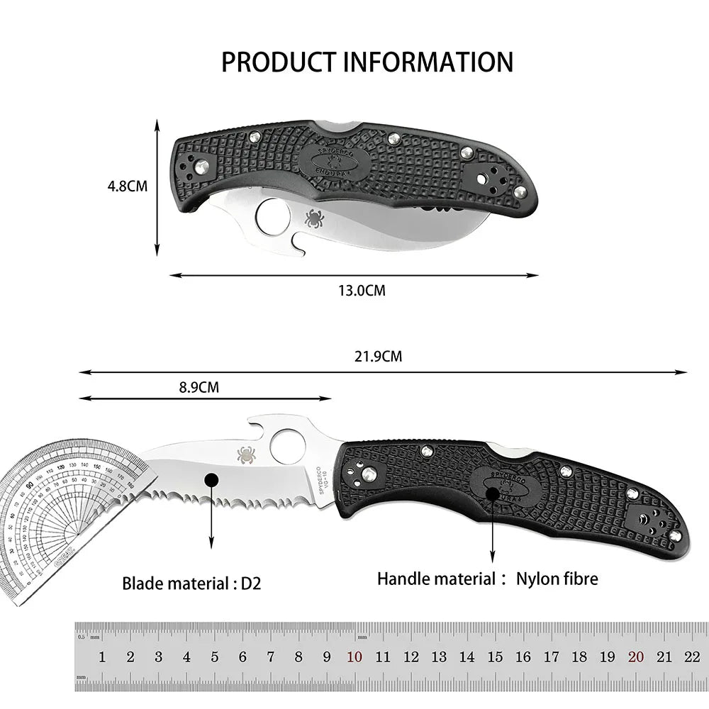 C12S Tactical Folding Pocket Knife – D2 Blade with Nylon Fiber Handle, Outdoor Hunting Utility Knife with Back Lock