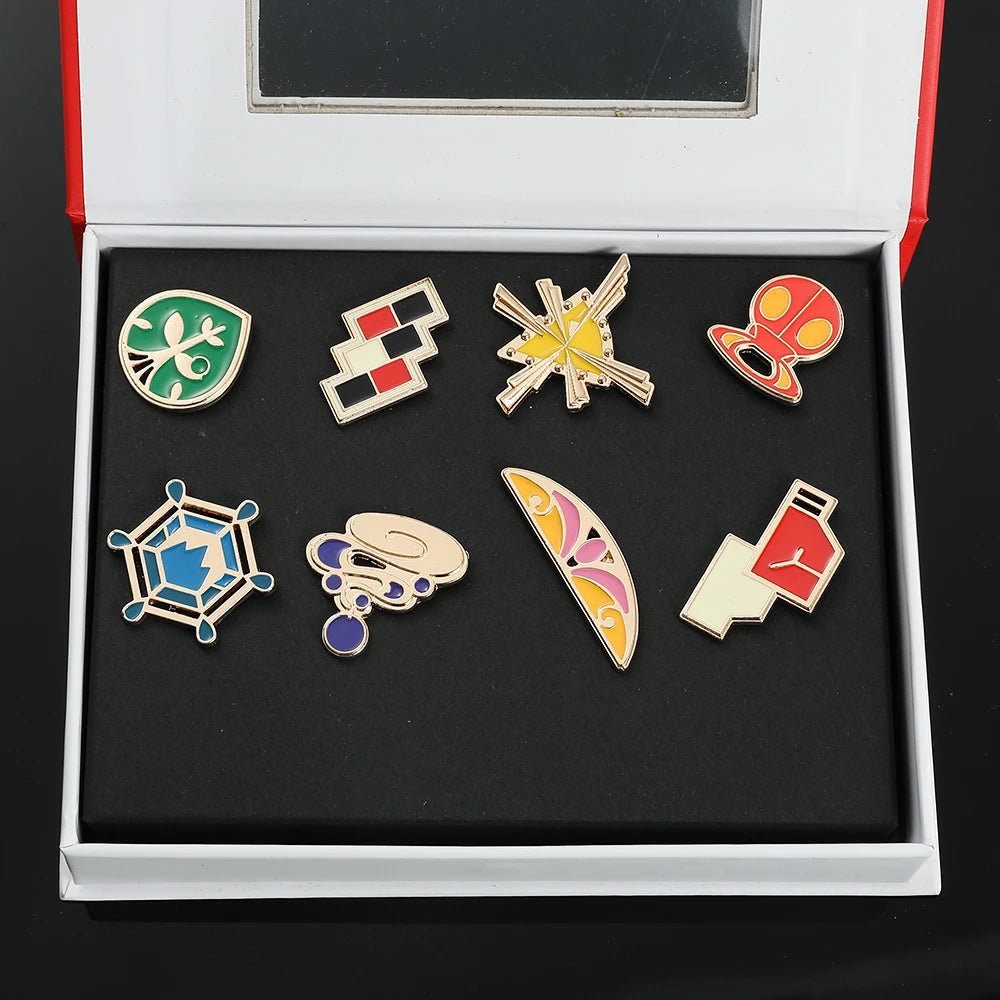 Pokemon Gym Badges Pin Set — Kanto, Johto, Hoenn, Sinnoh, Unova, Kalos & Orange Islands League Brooches with Box, Pocket Monster Collection