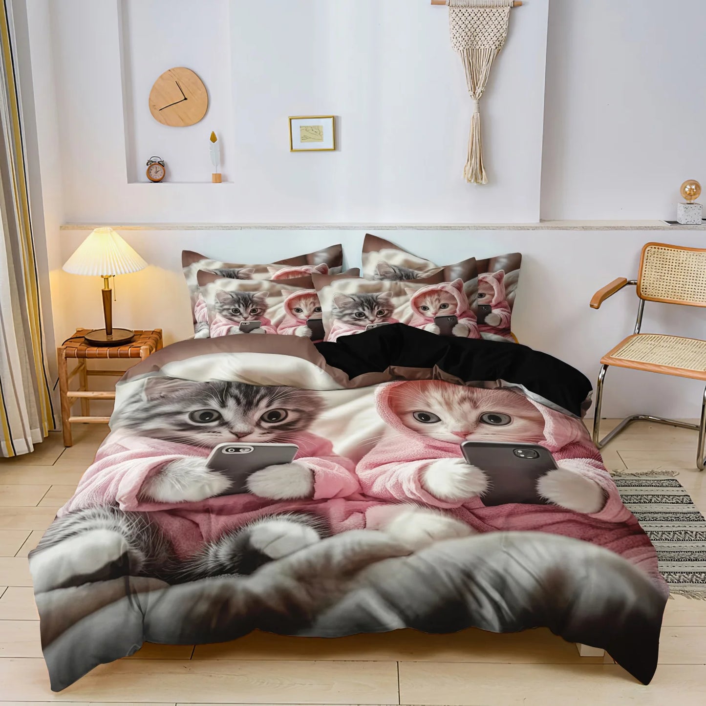 3-Piece Romantic Cat Print Duvet Cover Set - Soft Valentine’s Day Couple Bedding