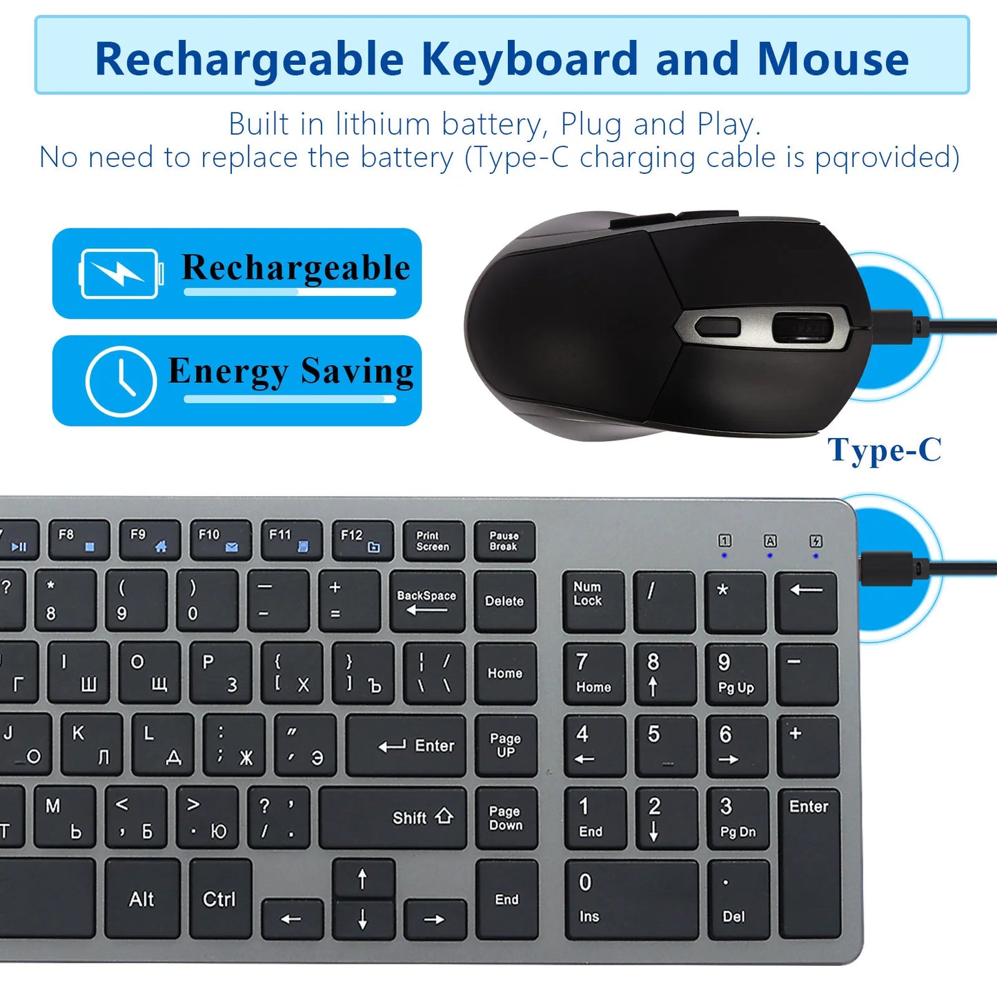 Wireless Keyboard and Mouse Combo – Rechargeable Slim Set with Russian, Hebrew, Korean, English Keycaps & Silent Mouse