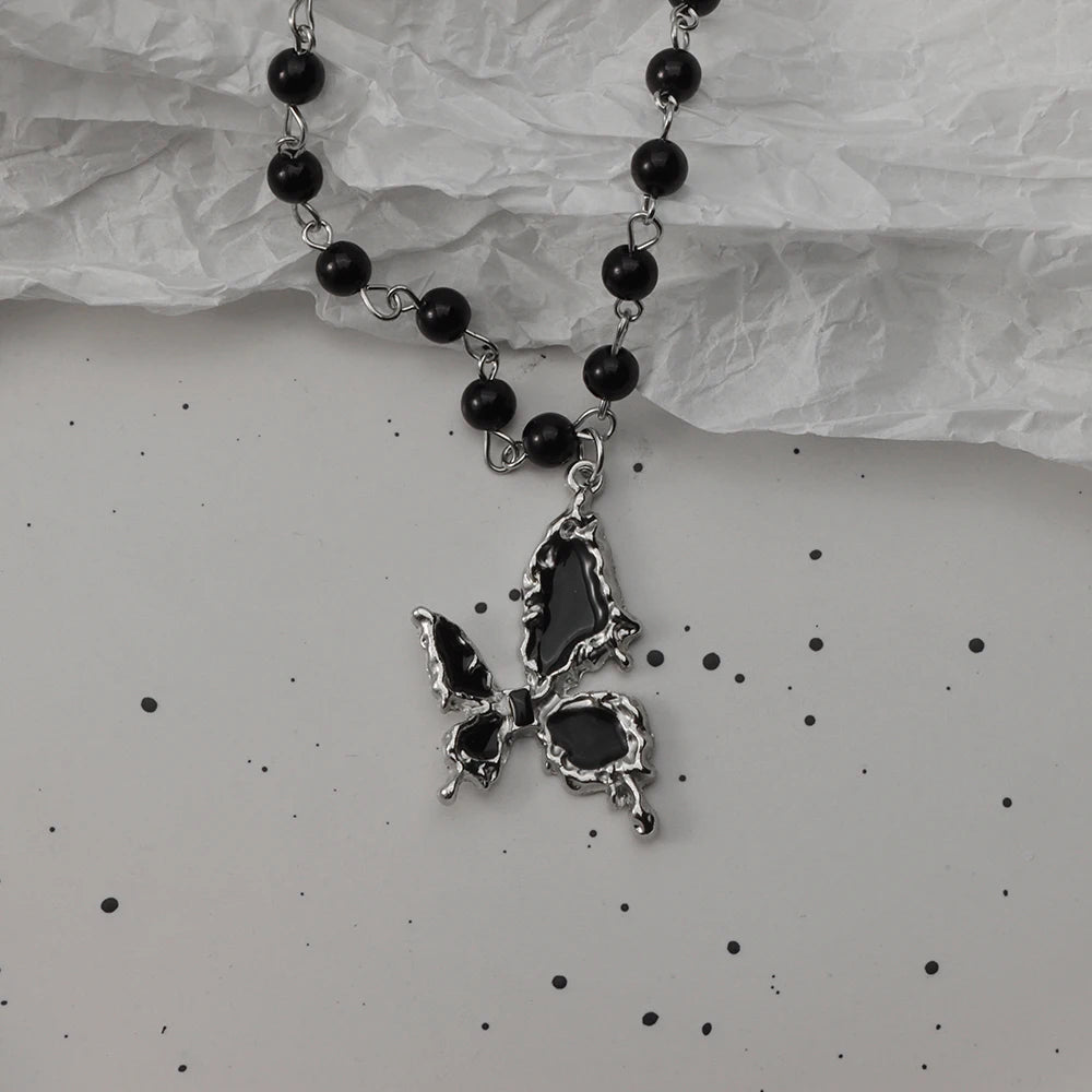 Gothic Bat Cross Necklace Set - Y2K Thorn Love Black Beaded Layered Jewelry for Halloween Parties