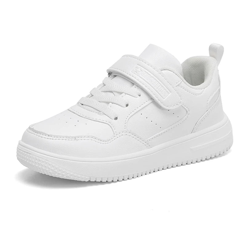 Children’s Black Leather Sneakers – Non-Slip Casual Flat Walking Shoes for Boys & Girls, Lightweight Student Sports Footwear