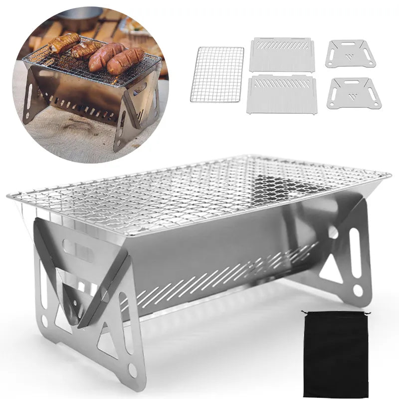 Portable Folding Barbecue Grill: Multifunction Camping BBQ Grill Rack with Firewood Stove - Stainless Steel BBQ Grill Net for Outdoor Cooking