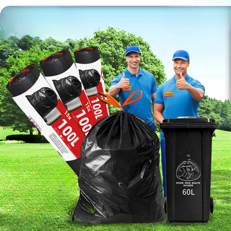 60/100L Large Kitchen Garbage Bags – 1 Roll (15 PCS) Thick Black Disposable Waste Bags with Drawstring Handles