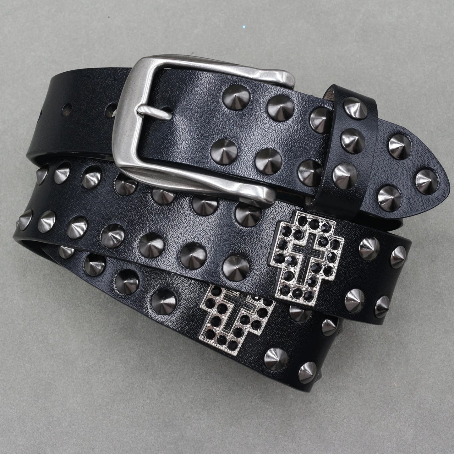 Men’s Designer Rivet Belt – Genuine Cowhide Leather Punk Rock Pin Belt for Jeans, Luxury Black Leather Belt