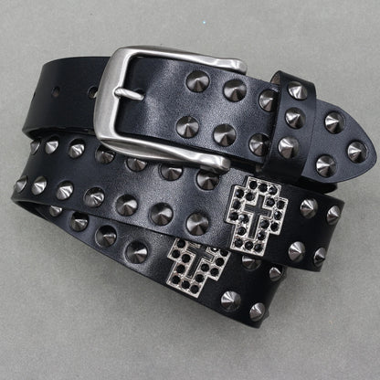 Men’s Designer Rivet Belt – Genuine Cowhide Leather Punk Rock Pin Belt for Jeans, Luxury Black Leather Belt