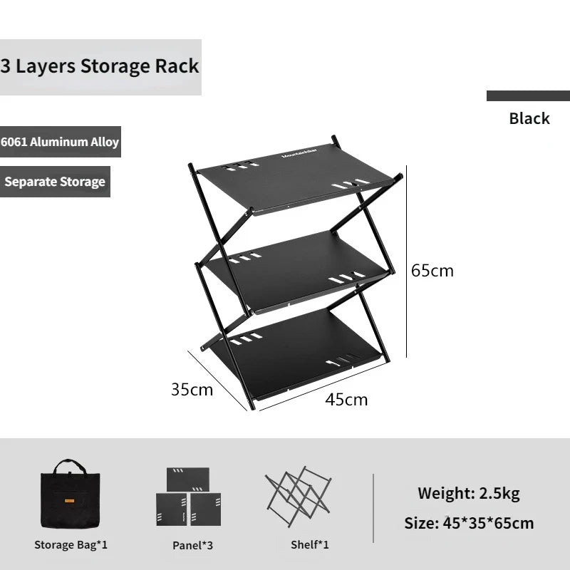 MOUNTAINHIKER Three-Tier Folding Rack – Portable Outdoor Storage Shelf for Camping, Picnic, BBQ & Garden Use
