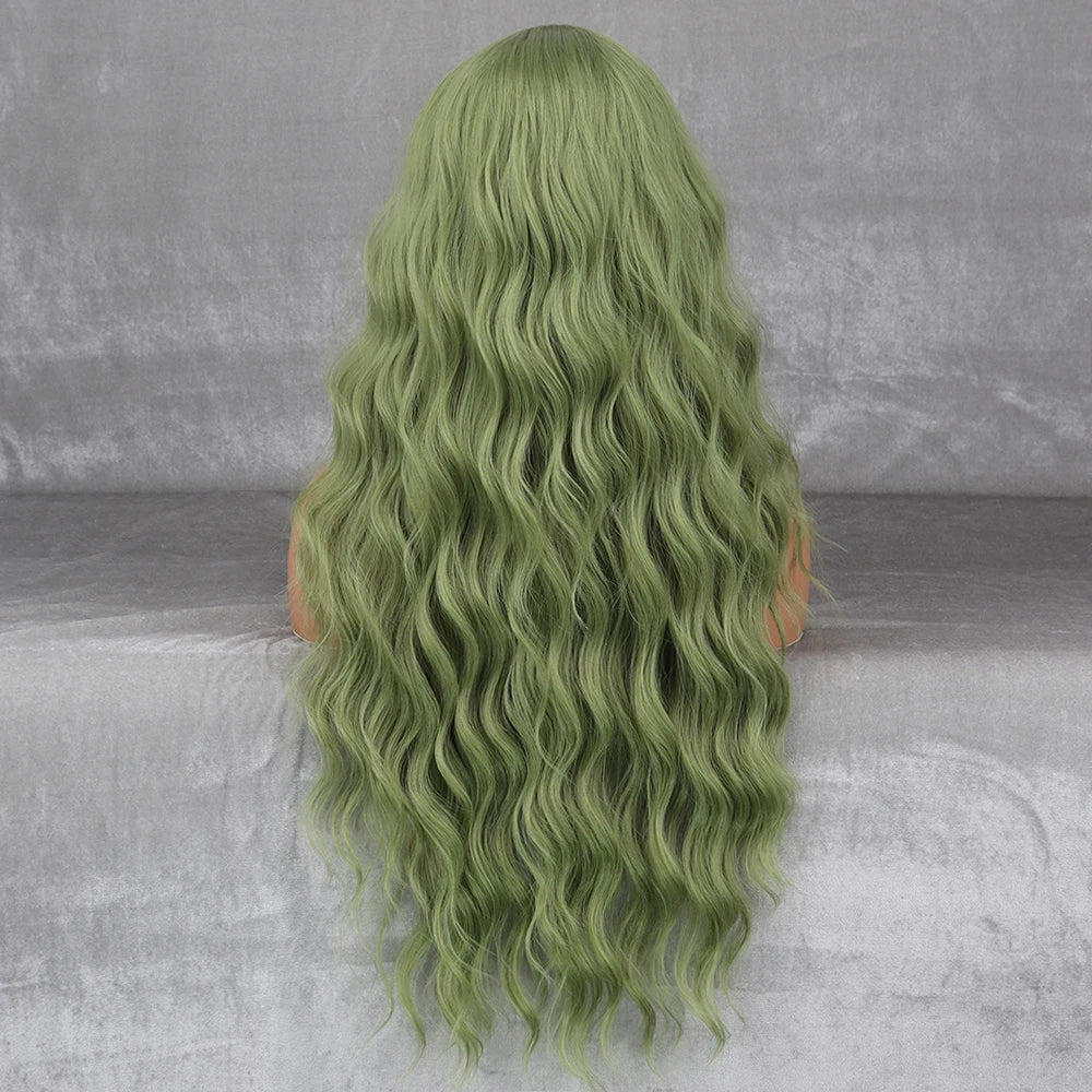 Long Wavy Green Synthetic Wig – Heat-Resistant Women's Cosplay, Party, Lolita Style, Half Part, Red/Black/Pink