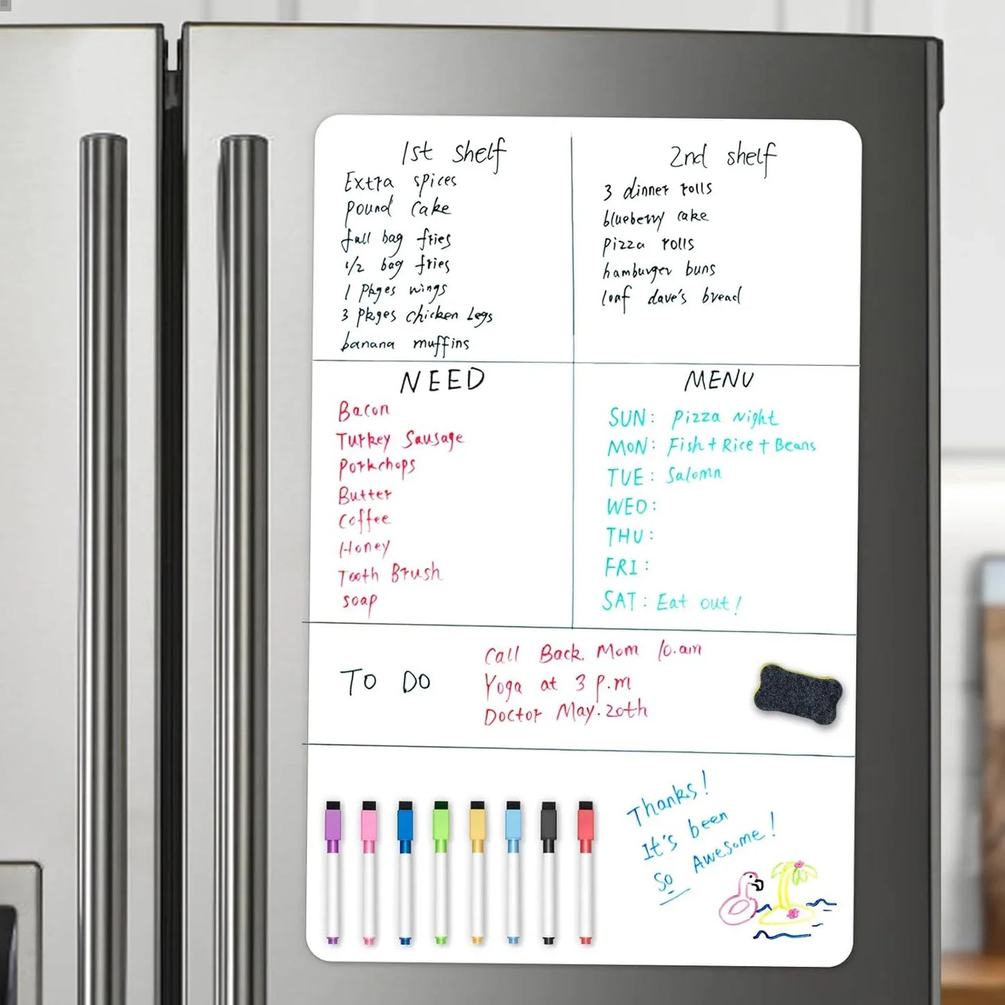 A2 Magnetic Dry Erase Whiteboard for Fridge – 23.6" x 16.5" Board with 8 Markers & Eraser