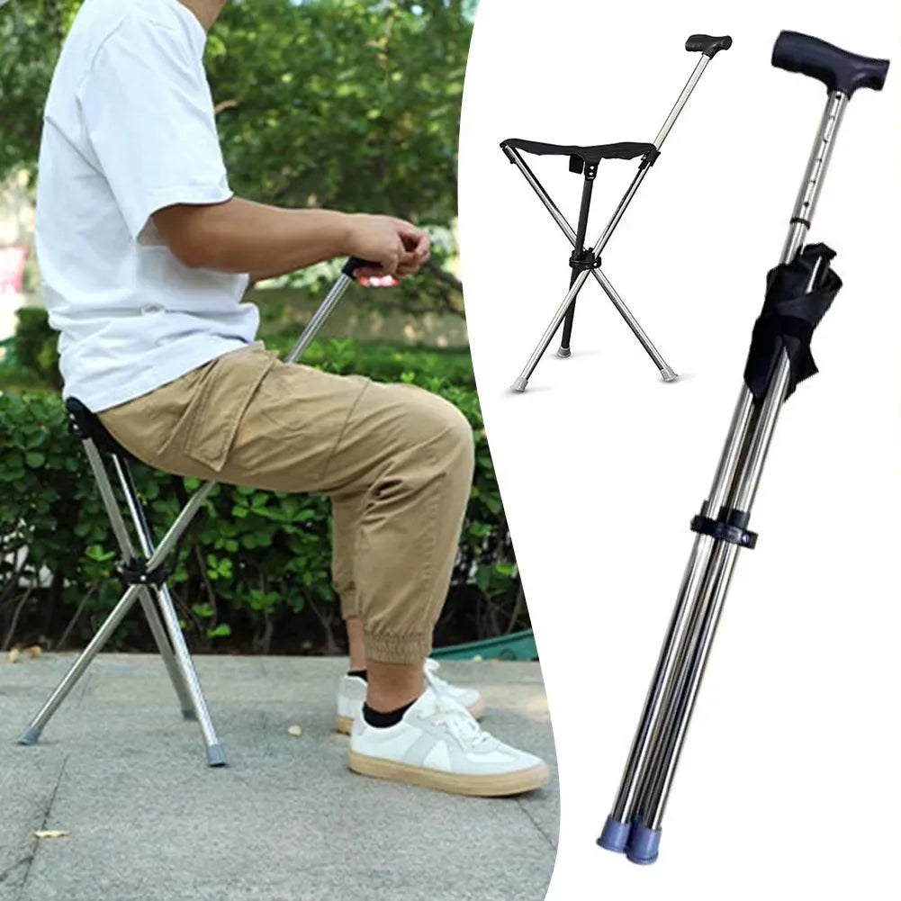 Adjustable Cane with Portable Folding Seat — Lightweight Walking Stick with Non-Slip Handle for Outdoor Use