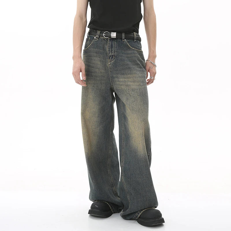 IEFB Men’s Summer Denim Jeans – Washed Blue Straight Loose Wide-Leg Casual Pants