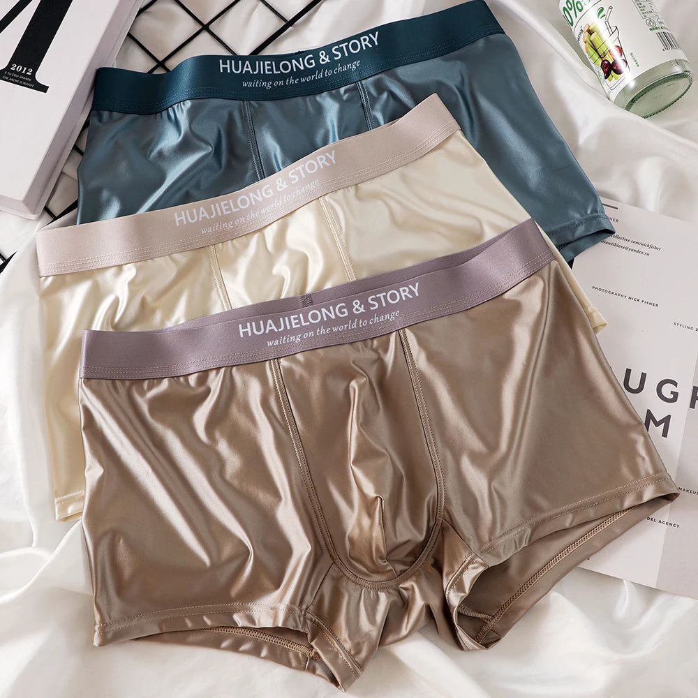 3PCS Luxury Ice Silk Satin Boxers — Summer Smooth, Cool Solid Men’s Underwear with Breathable Mesh Crotch