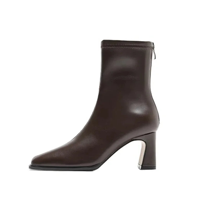 2024 New Vintage Brown Women's Ankle Boots – Fashionable Square Toe, Thick Heel Short Booties for Autumn & Winter