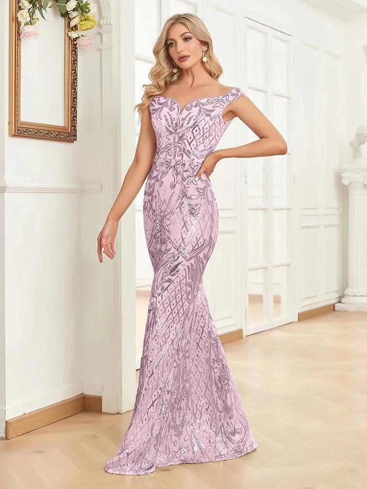 Elegant V-Neck Silver Sequin Evening Dress – 2025 Women’s Sleeveless Maxi Mermaid Party Prom Gown